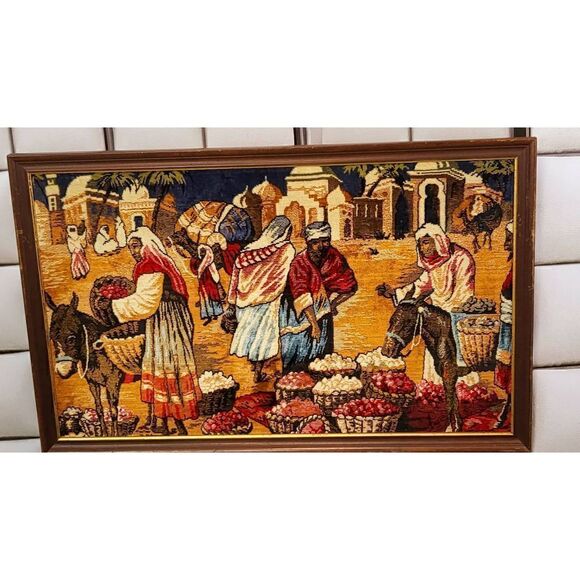 Vintage Arabian market scene framed rug